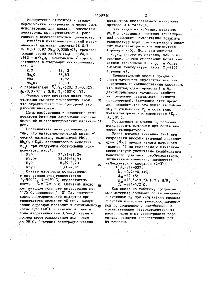 Пъезоэлектрический керамический материал (патент 1159910)