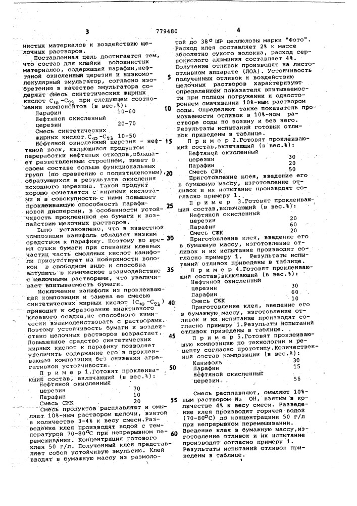 Состав для проклейки волокнистых материалов (патент 779480)