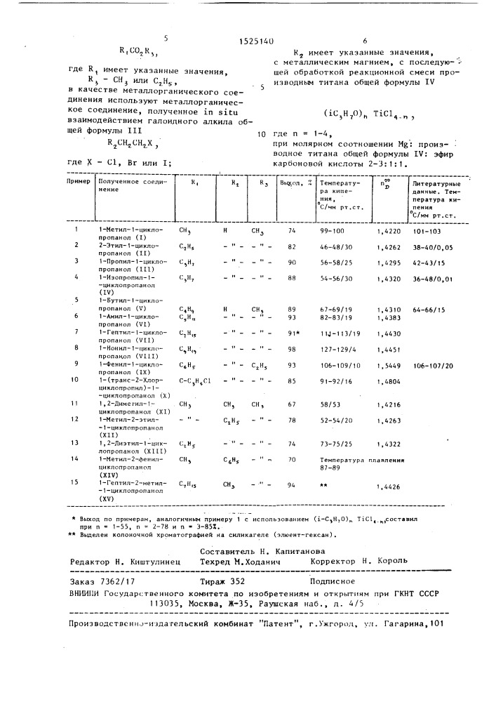 Способ получения замещенных циклопропанолов (патент 1525140)