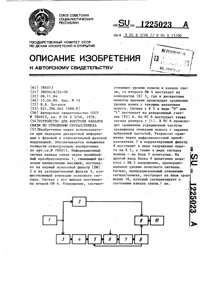 Устройство для контроля каналов связи по отношению сигнал/помеха (патент 1225023)