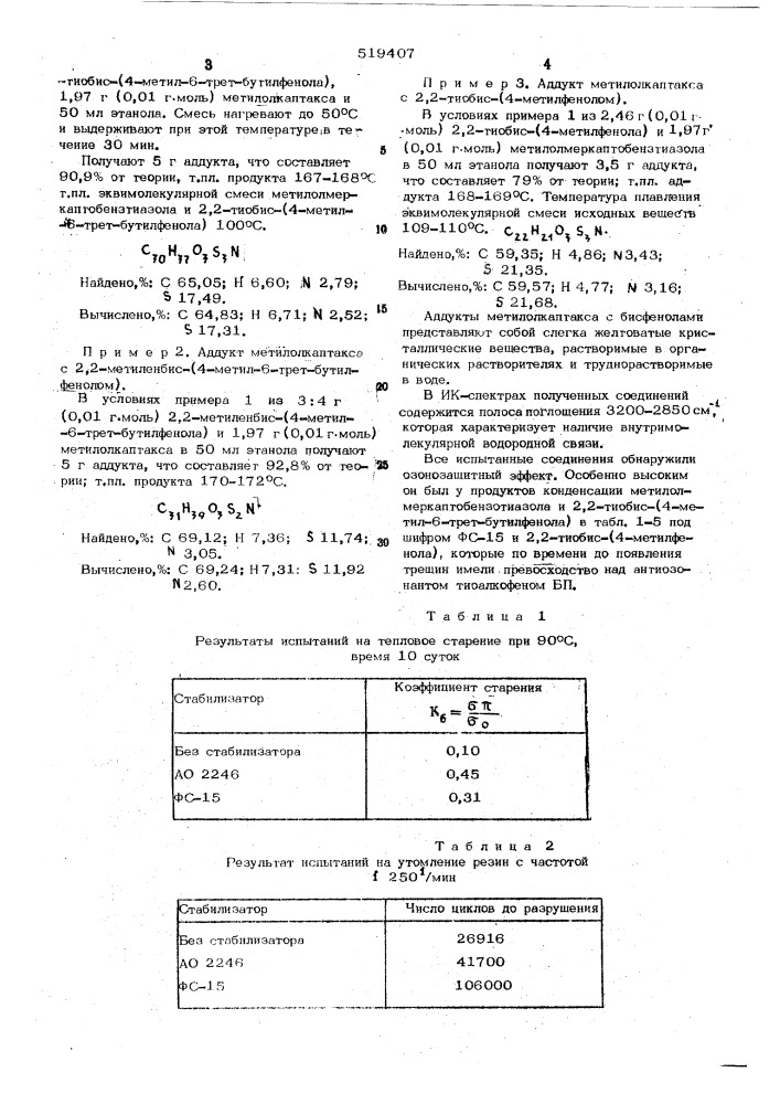 Аддукты бисфенолов с метилолмеркаптобензотиазолом в качестве антиозонавтов светлых резин (патент 519407)