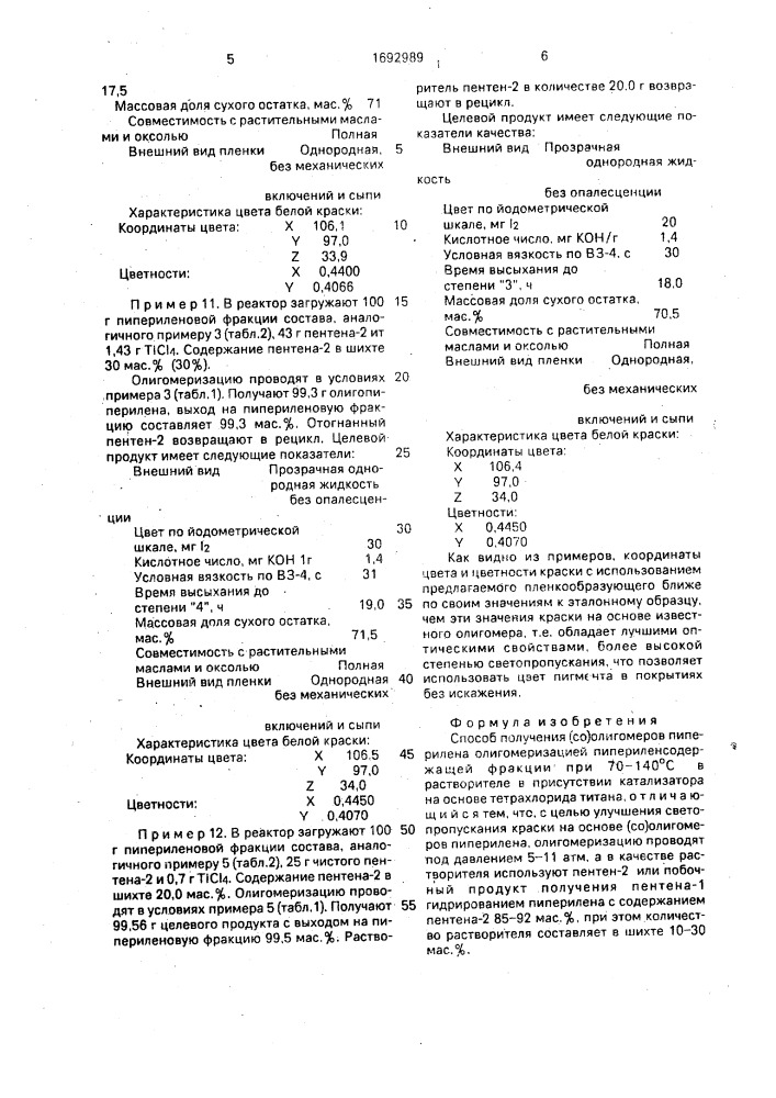 Способ получения (со)олигомеров пиперилена (патент 1692989)