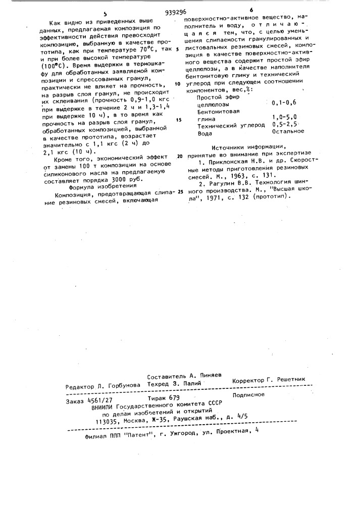 Композиция, предотвращающая слипание резиновых смесей (патент 939296)