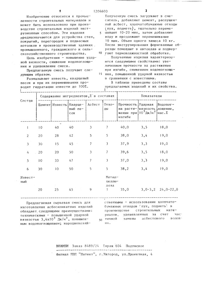 Сырьевая смесь для изготовления асбосиликатных изделий (патент 1204603)