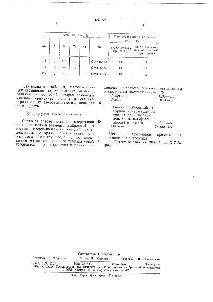 Сплав на основе никеля (патент 689577)