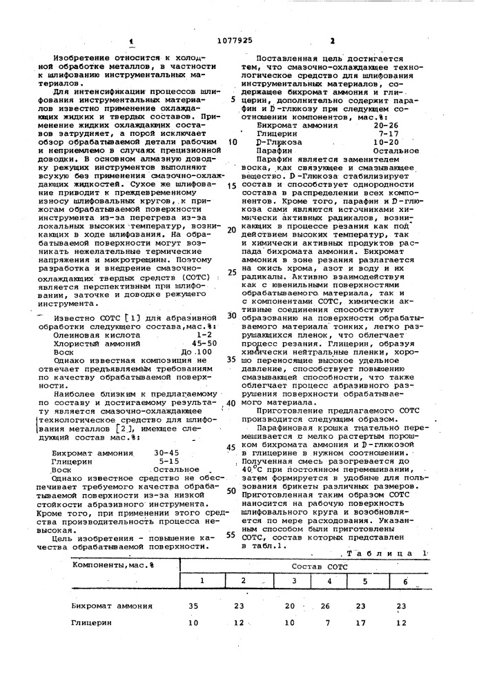 Смазочно-охлаждающее технологическое средство для шлифования инструментальных материалов (патент 1077925)