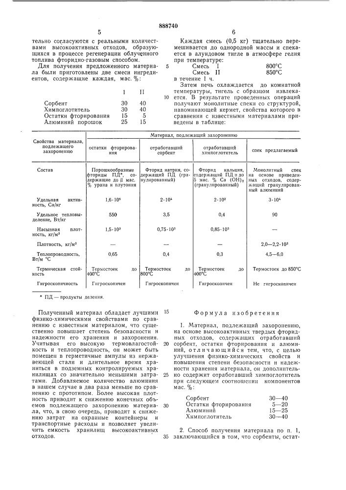 Материал, подлежащий захоронению, на основе твердых высокоактивных фторидных отходов и способ его получения (патент 888740)