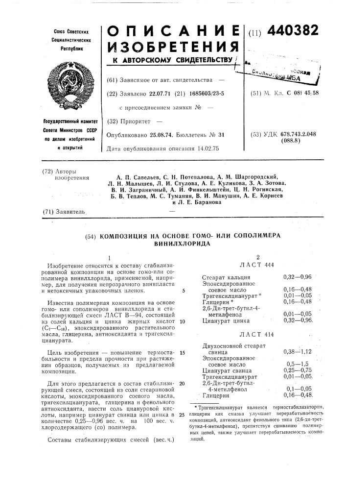 Композиция на основе гомо или сополимера винилхлорида (патент 440382)