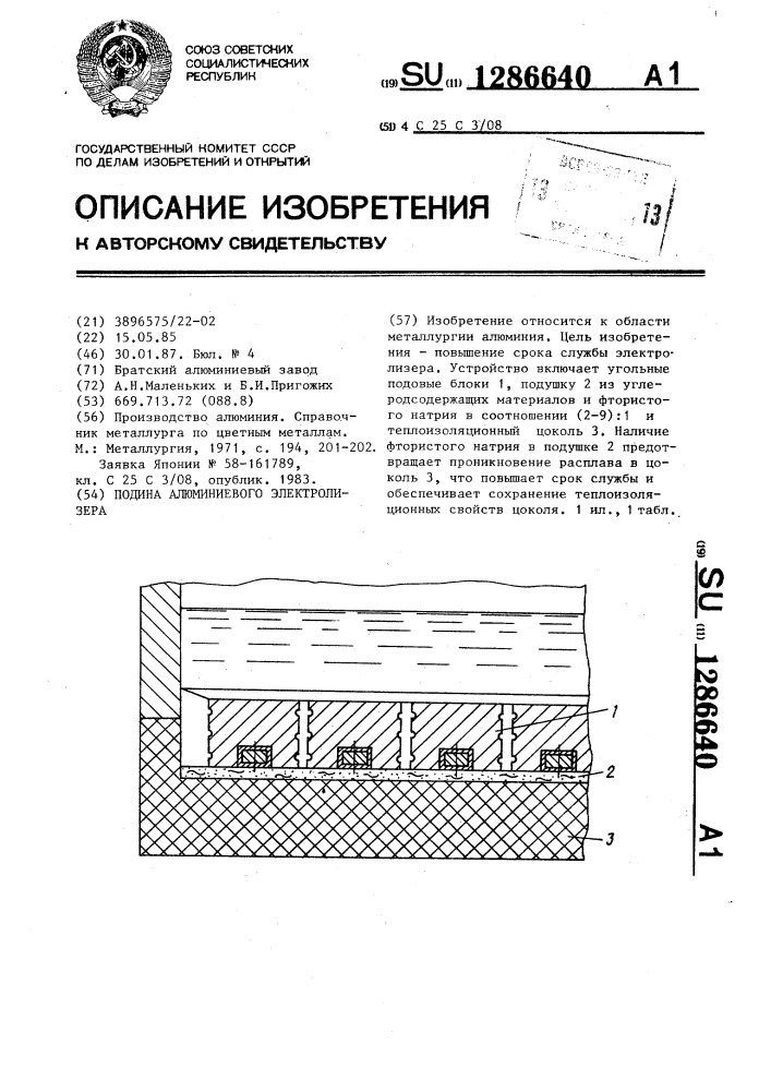 Подина алюминиевого электролизера (патент 1286640)