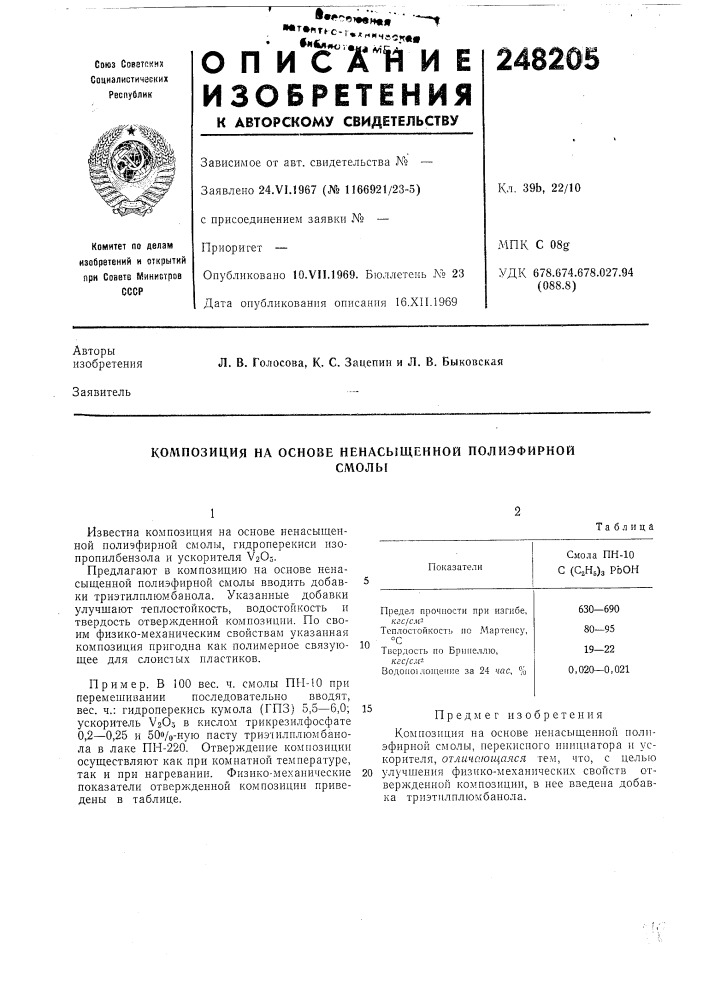 Композиция на основе ненасыщенной полиэфирнойсмолы (патент 248205)