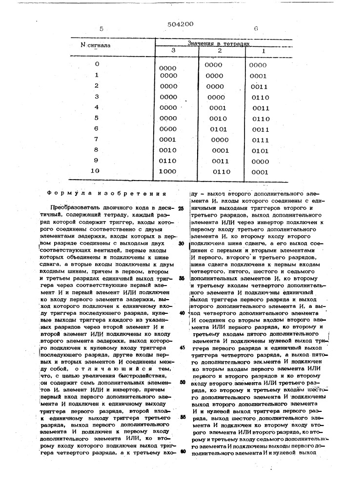 Преобразователь двоичного кода в десятичный (патент 504200)