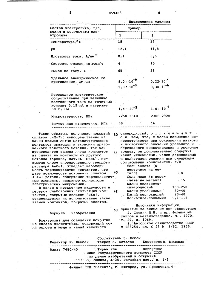 Электролит для осаждения покрытий из сплава золото-медь (патент 859486)