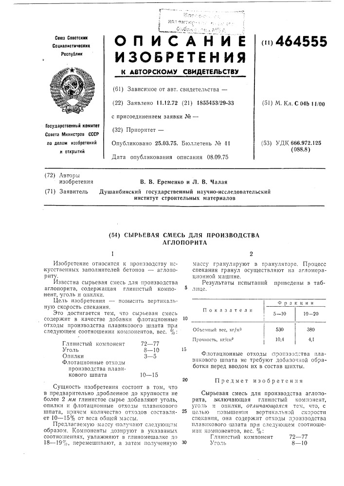 Сырьевая смесь для производства аглопорита (патент 464555)