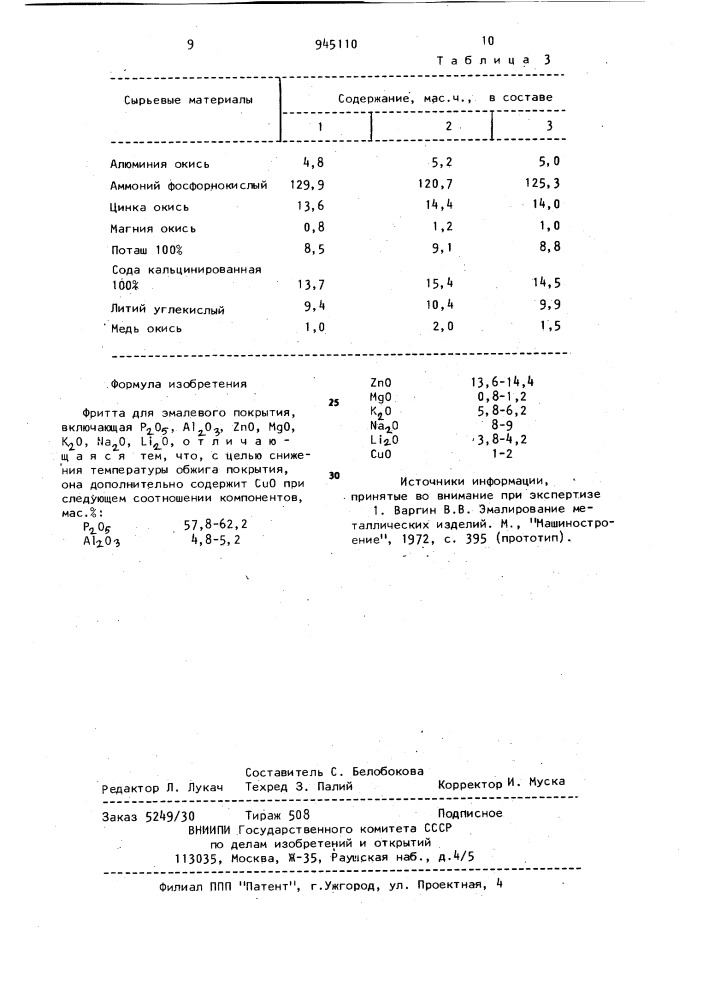 Фритта для эмалевого покрытия (патент 945110)
