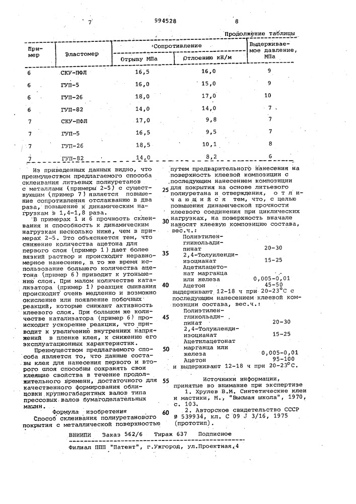 Способ склеивания полиуретанового покрытия с металлической поверхностью (патент 994528)