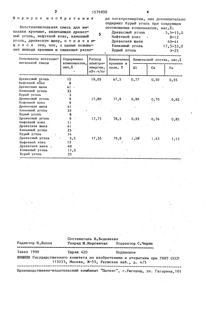 Восстановительная смесь для выплавки кремния (патент 1579898)