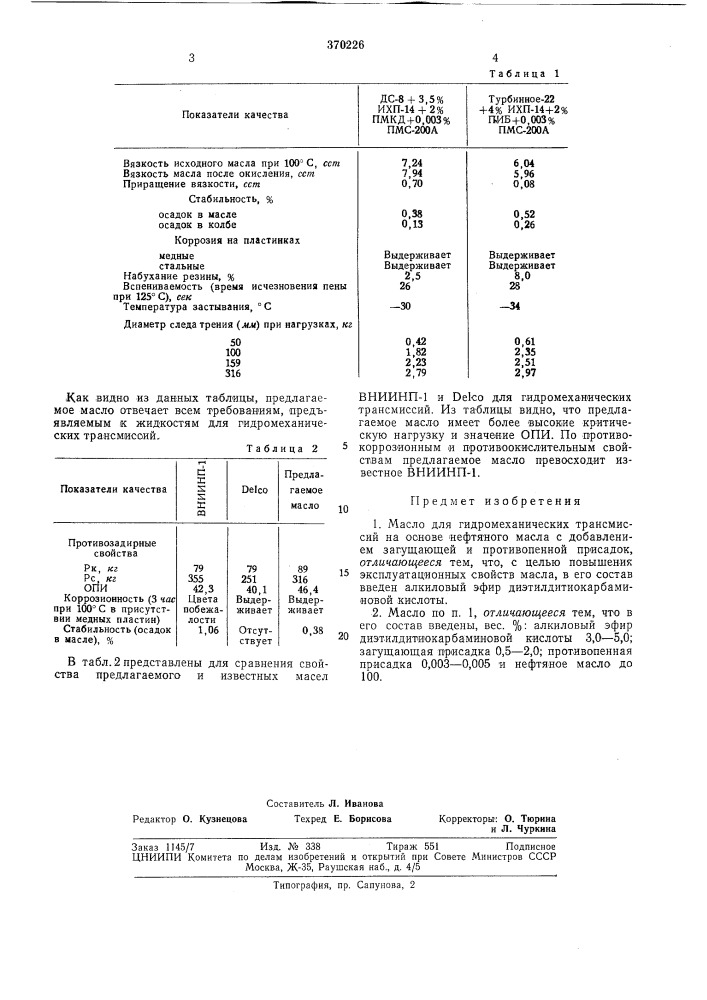 Масло для гидромеханических трансмиссий (патент 370226)