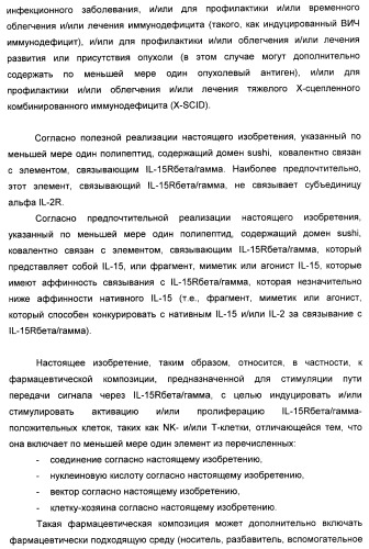 Соединение, предназначенное для стимуляции пути передачи сигнала через il-15rбета/гамма, с целью индуцировать и/или стимулировать активацию и/или пролиферацию il-15rбета/гамма-положительных клеток, таких как nk-и/или t-клетки, нуклеиновая кислота, кодирующая соединение, вектор экспрессии, клетка-хозяин, адъювант для иммунотерапевтической композиции, фармацевтическая композиция и лекарственное средство для лечения состояния или заболевания, при котором желательно повышение активности il-15, способ in vitro индукции и/или стимуляции пролиферации и/или активации il-15rбета/гамма-положительных клеток и способ получения in vitro активированных nk-и/или t-клеток (патент 2454463)