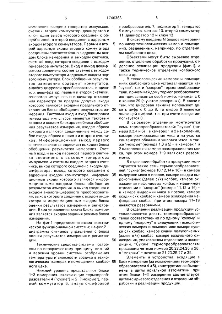 Система отображения температуры и влажности воздуха в технологических камерах и помещениях колбасного производства (патент 1746363)