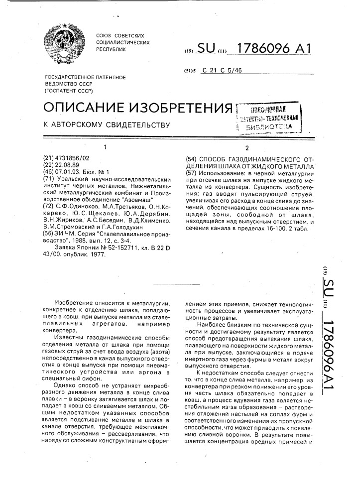 Способ газодинамического отделения шлака от жидкого металла (патент 1786096)