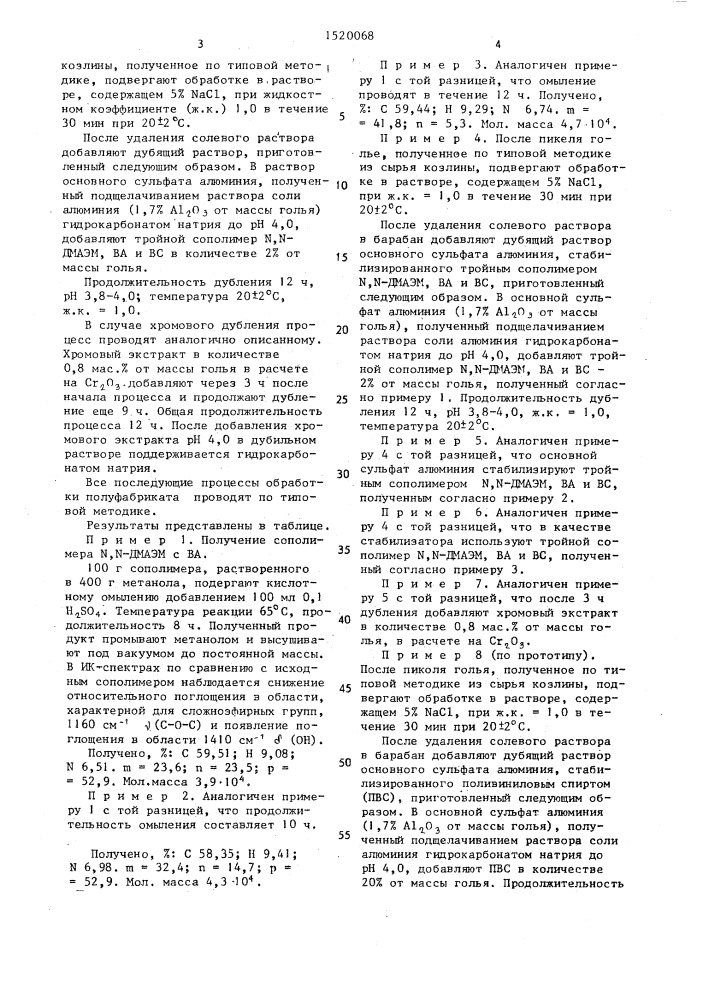 Тройной сополимер n, n-диметиламиноэтилметакрилата, винилацетата и винилового спирта в качестве стабилизатора дубителя для обработки голья (патент 1520068)