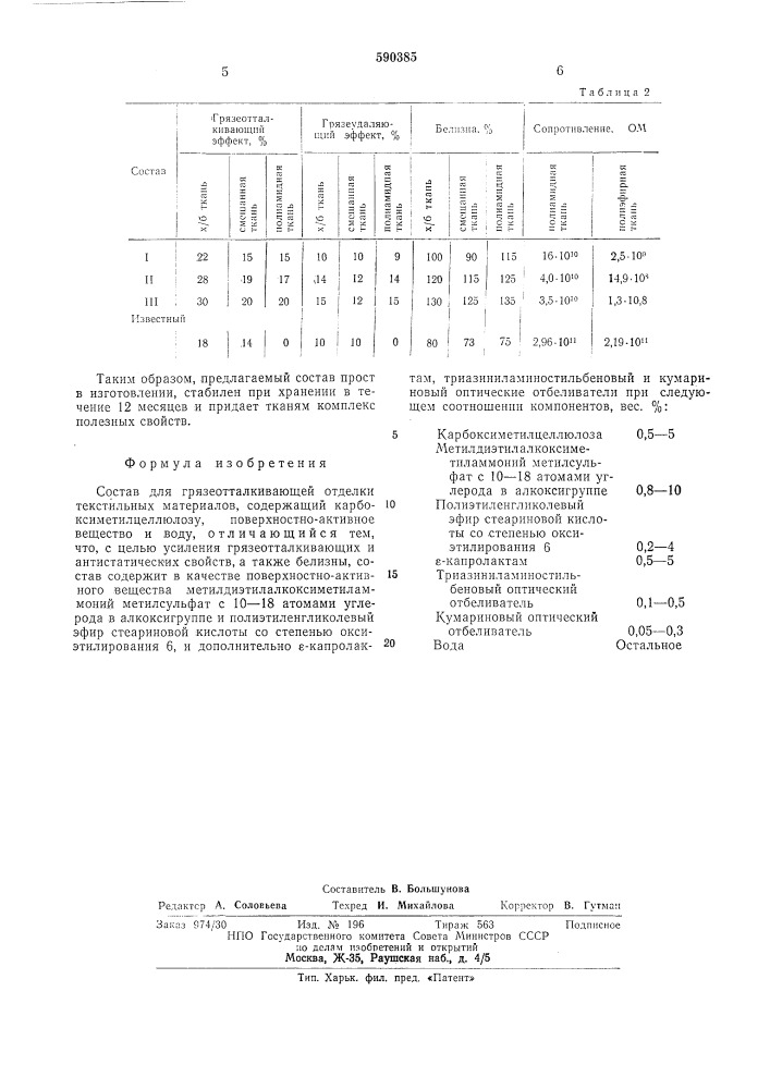 Состав для грязеотталкивающей отделки текстильных материалов (патент 590385)