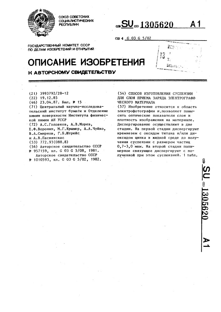 Способ изготовления суспензии для слоя приема заряда электрографического материала (патент 1305620)