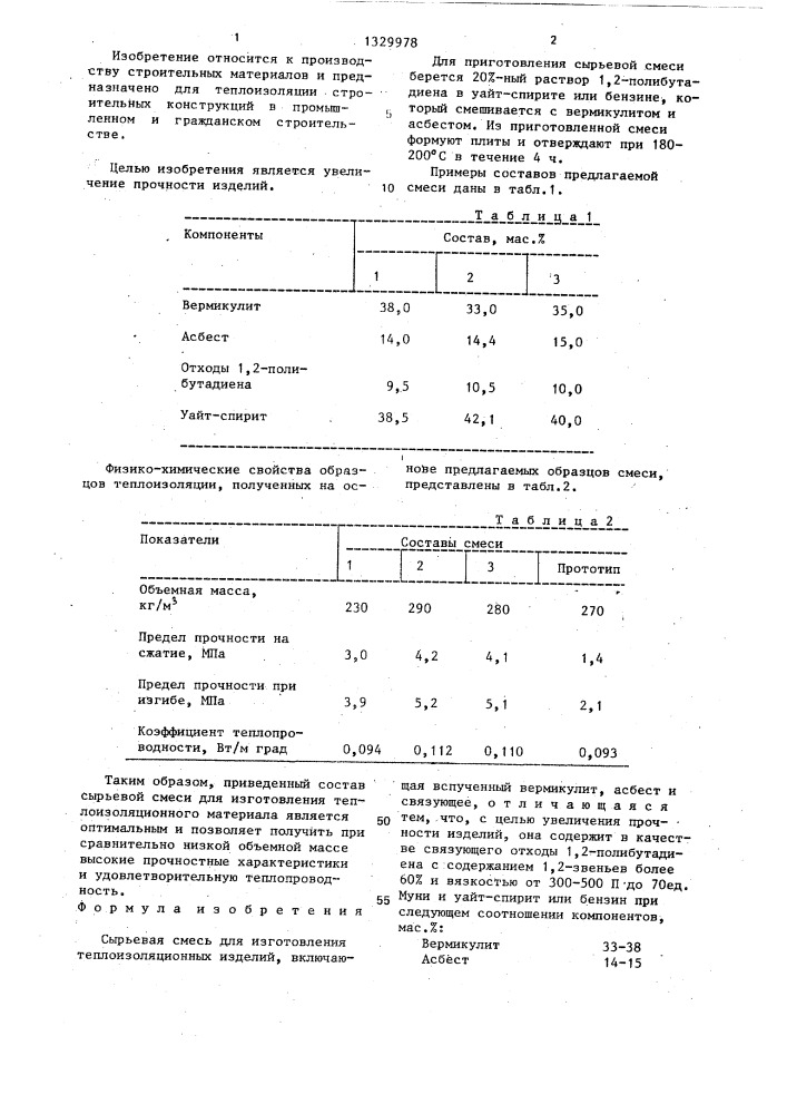 Сырьевая смесь для изготовления теплоизоляционных изделий (патент 1329978)