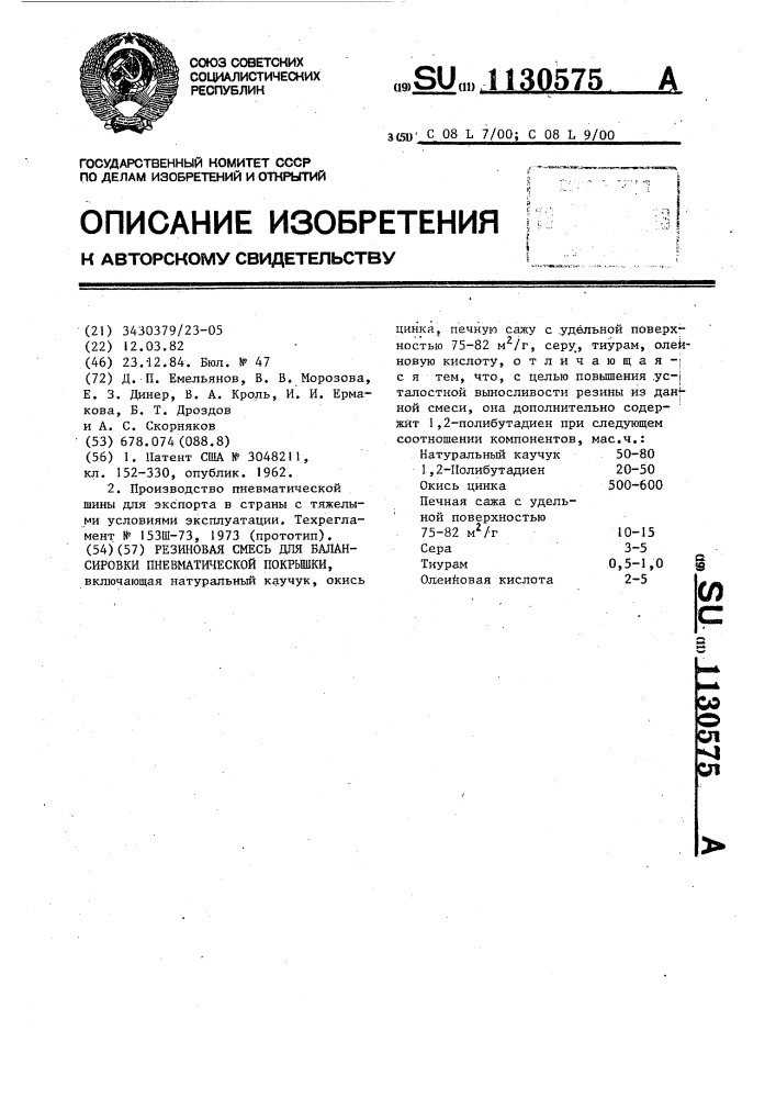 Резиновая смесь для балансировки пневматической покрышки (патент 1130575)