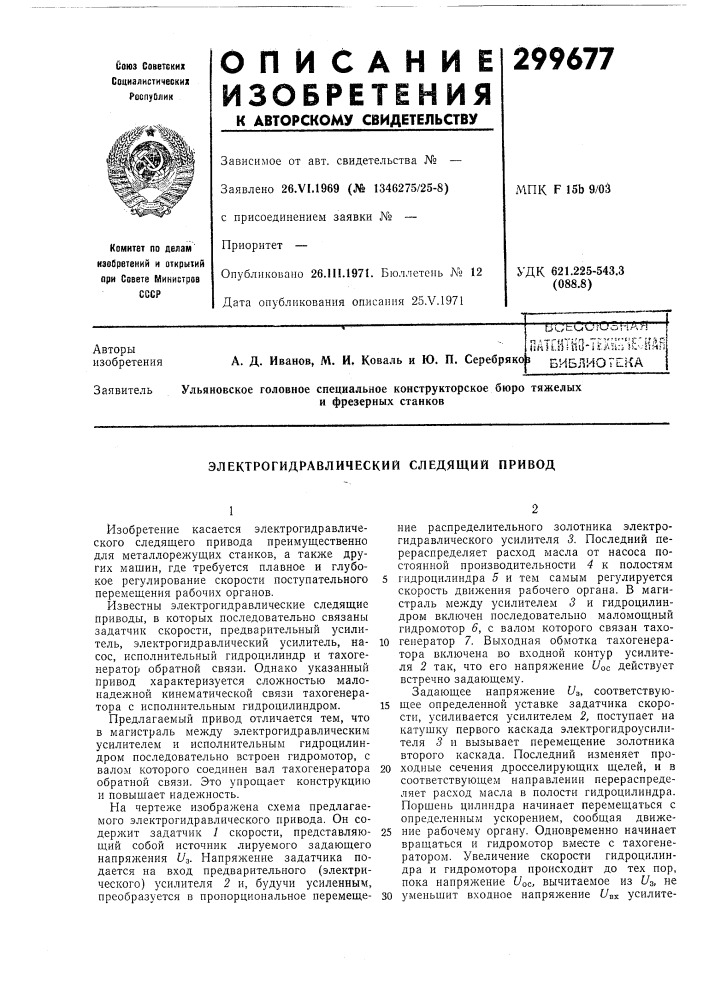 Электрогидравлический следящий привод (патент 299677)
