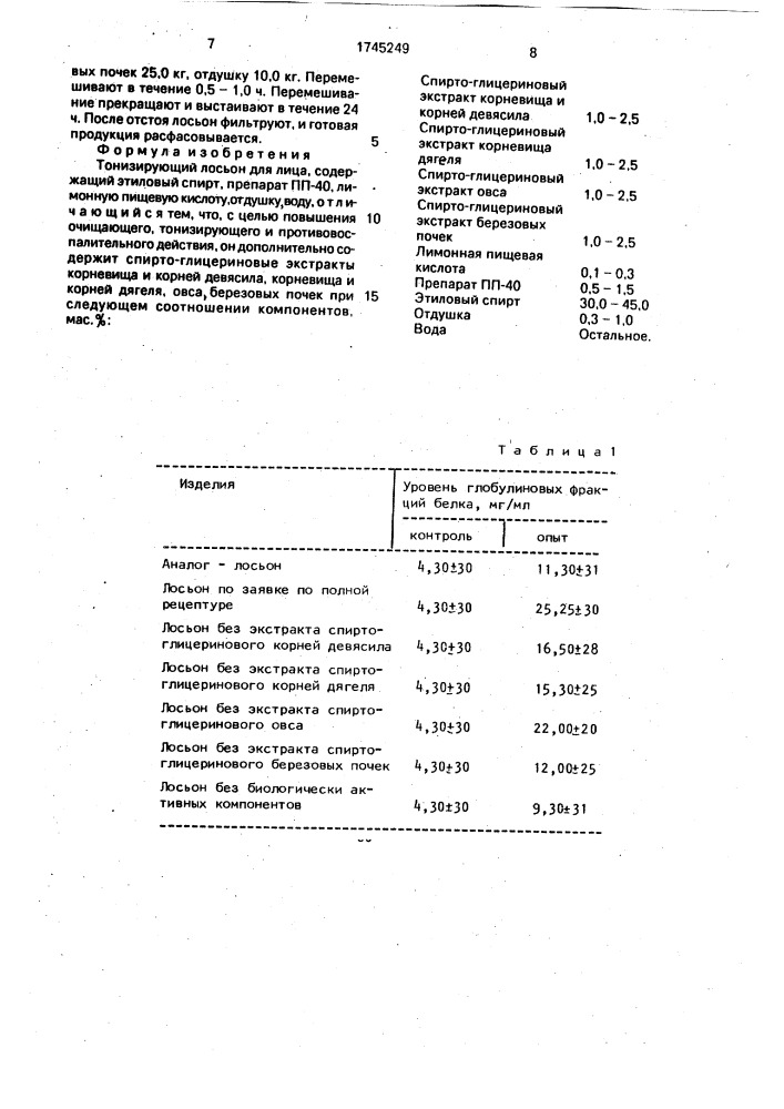 Тонизирующий лосьон для лица (патент 1745249)