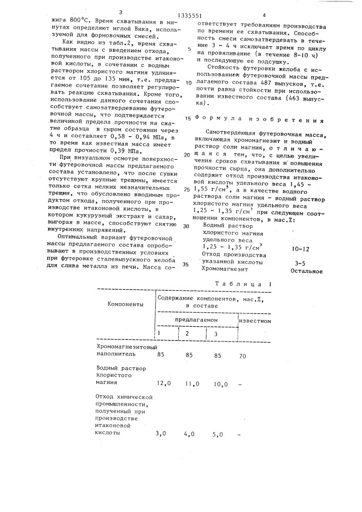 Самотвердеющая футеровочная масса (патент 1335551)