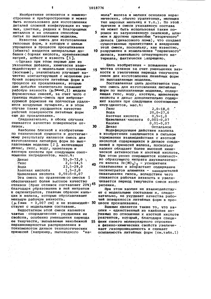 Смесь для изготовления литейных форм по выплавляемым моделям (патент 1018776)