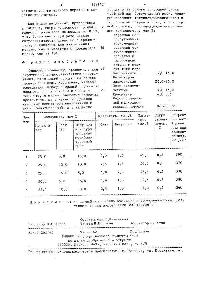 Электрографический проявитель для скрытого электростатического изображения (патент 1291921)
