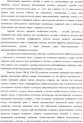 Способ тепловой обработки металла в пламенной печи прямого или косвенного нагрева (варианты), способ сжигания смеси жидкого или газообразного топлива и нагретого воздуха в пламенной печи прямого или косвенного нагрева, устройство отопления (варианты) и регенеративная насадка (варианты) для осуществления способов (патент 2324745)