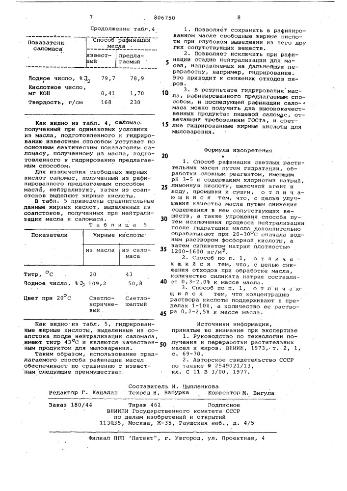 Способ рафинации светлых раститель-ных масел (патент 806750)