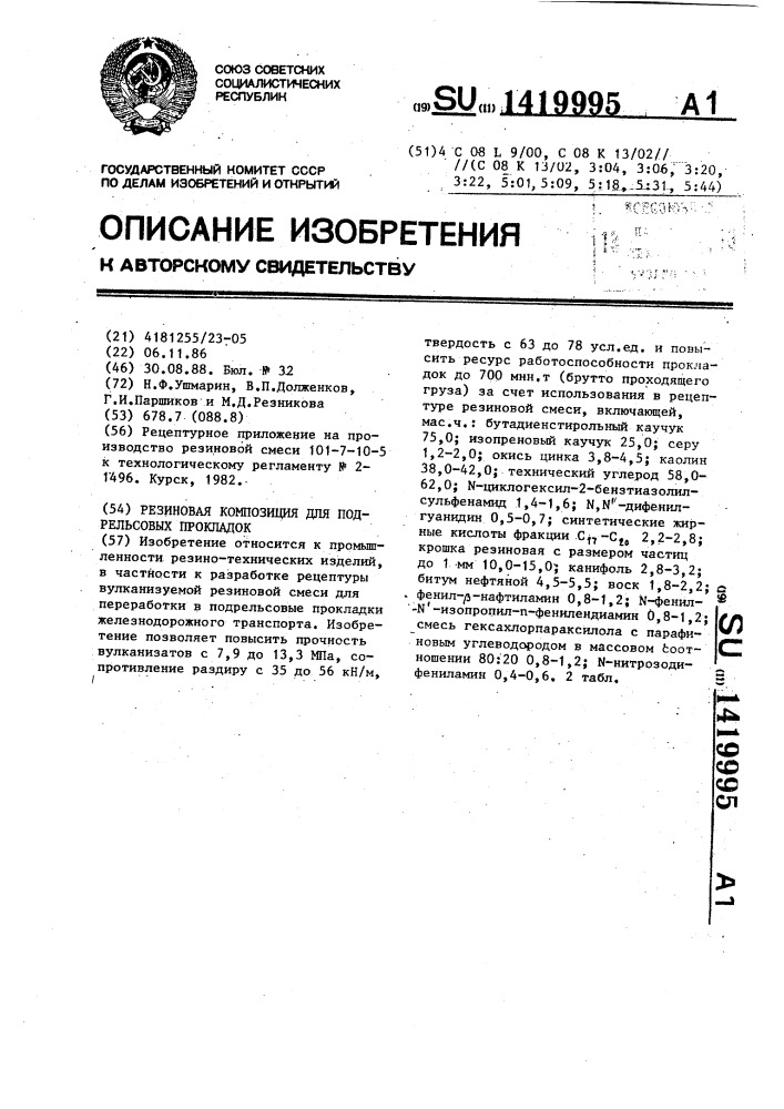 Резиновая композиция для подрельсовых прокладок (патент 1419995)