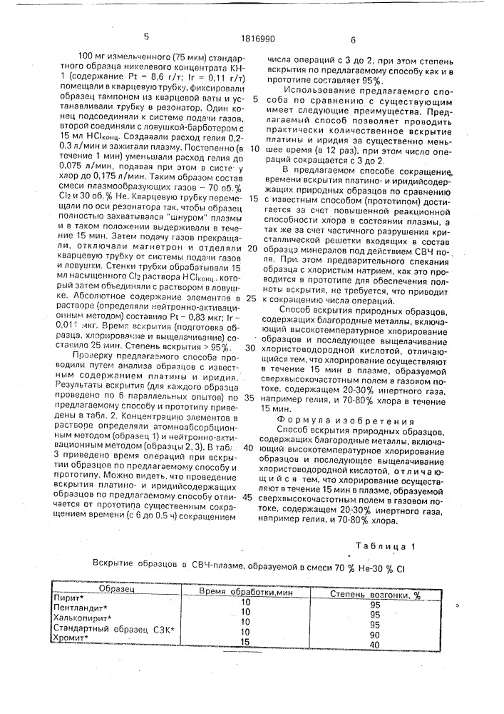 Способ вскрытия природных образцов, содержащих благородные металлы (патент 1816990)