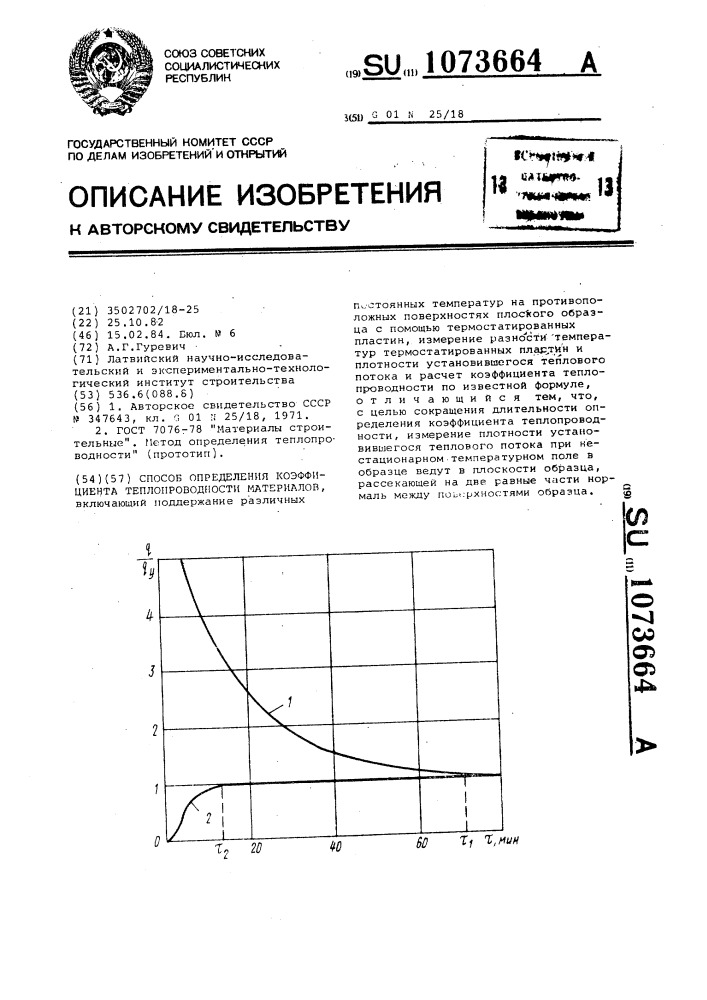 Способ определения коэффициента теплопроводности материалов (патент 1073664)