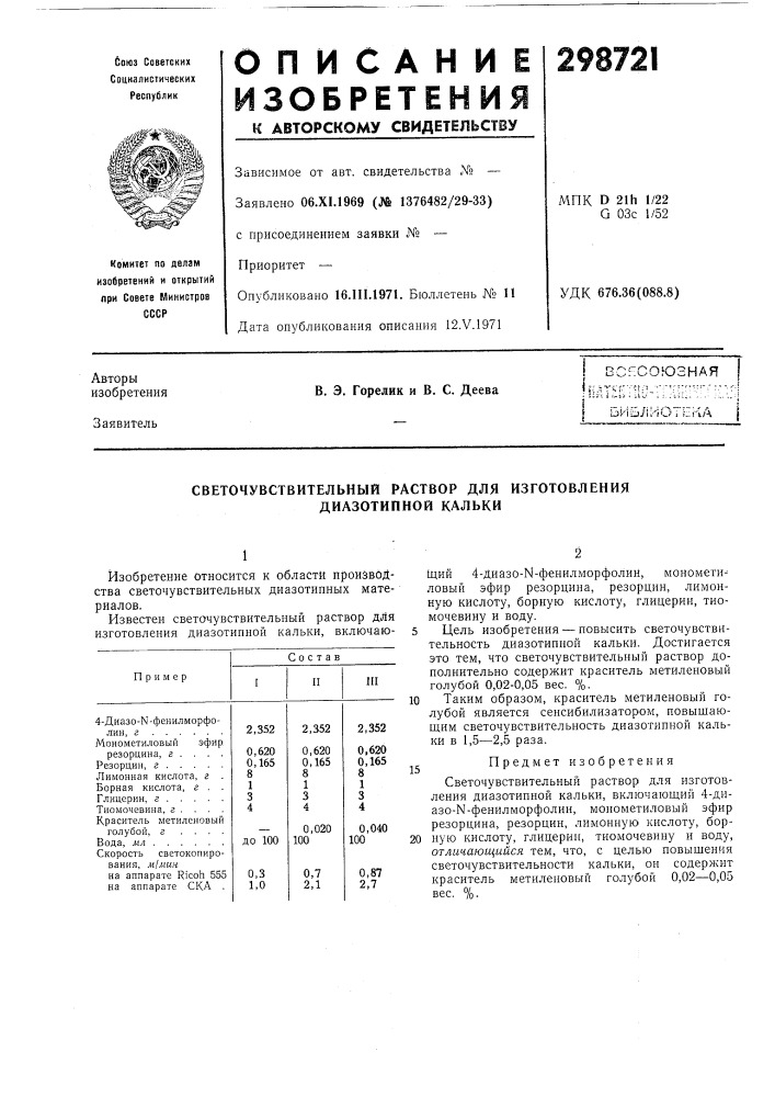 Светочувствительный раствор для изготовления диазотипной кальки (патент 298721)