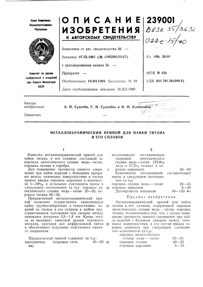 Металлокерамический припой для пайки титана (патент 239001)