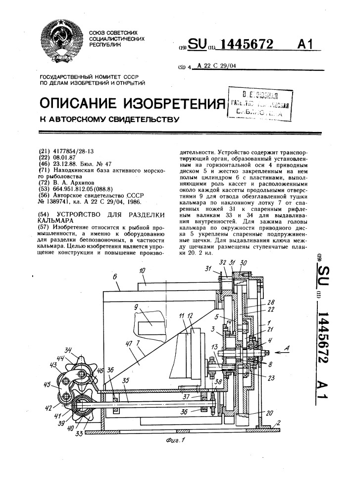Устройство для разделки кальмара (патент 1445672)
