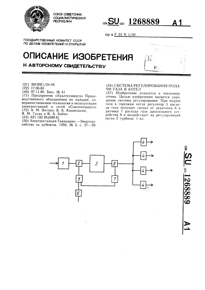 Система регулирования подачи газа в котел (патент 1268889)