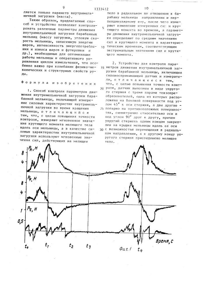 Способ контроля параметров движения внутримельничной загрузки барабанной мельницы и устройство для его осуществления (патент 1333412)