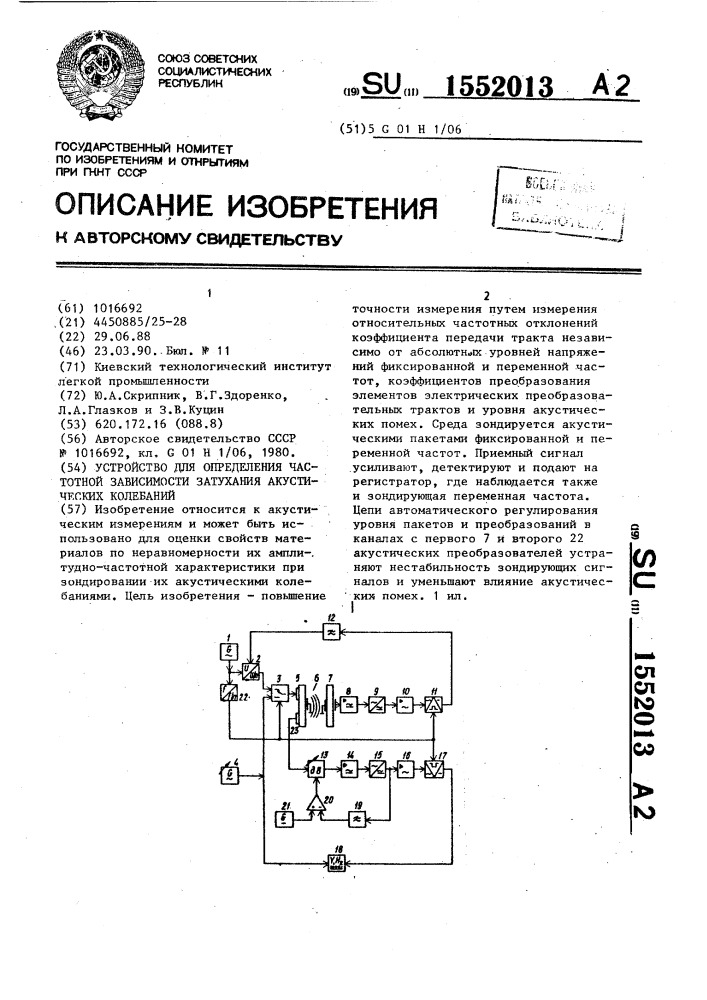 Устройство для определения частотной зависимости затухания акустических колебаний (патент 1552013)