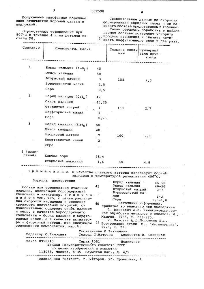 Состав для борирования стальных изделий (патент 872598)