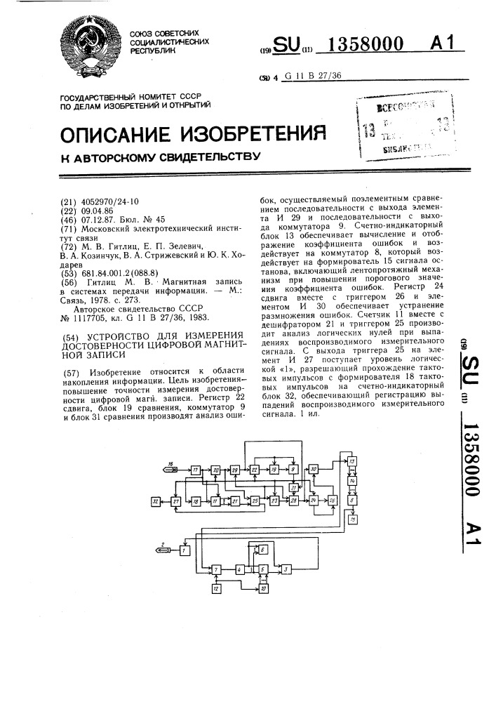 Устройство для измерения достоверности цифровой магнитной записи (патент 1358000)