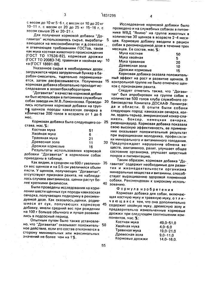 "кормовая добавка для собак "догавитал" (патент 1831296)