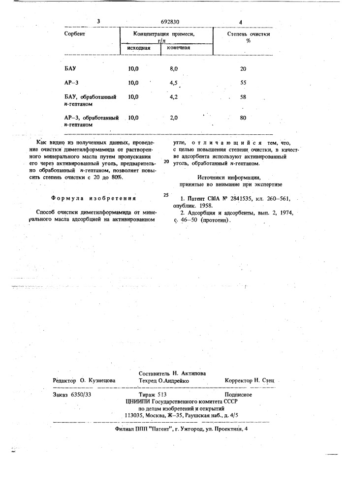 Способ очистки диметилформамида от минерального масла (патент 692830)