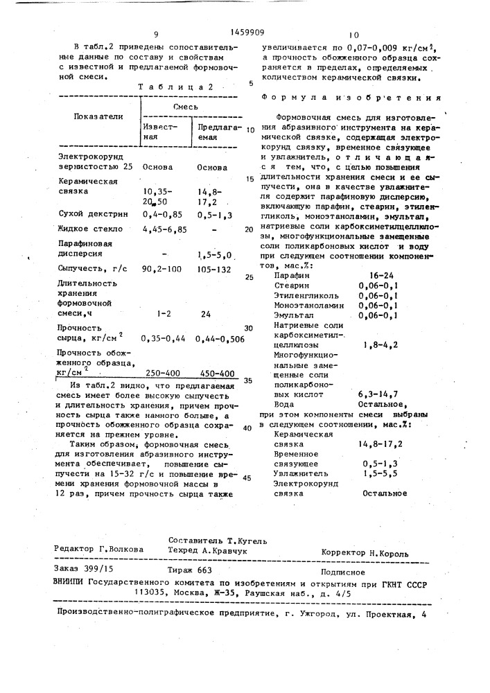 Формовочная смесь для изготовления абразивного инструмента (патент 1459909)